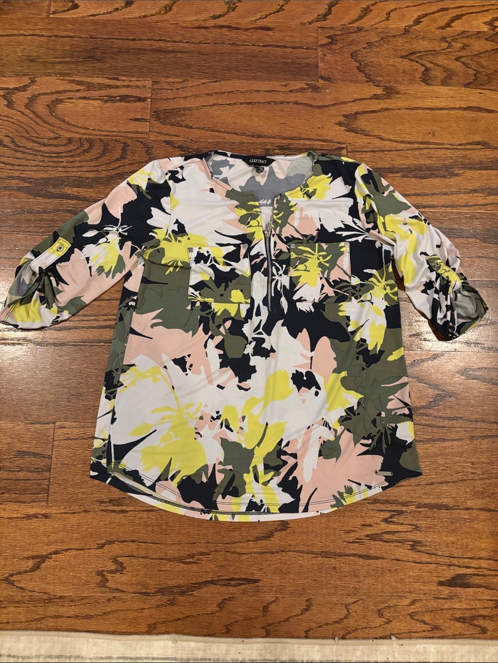 Ellen Tracy Floral Print 3/4 Sleeve Top - Pink, Olive & Yellow